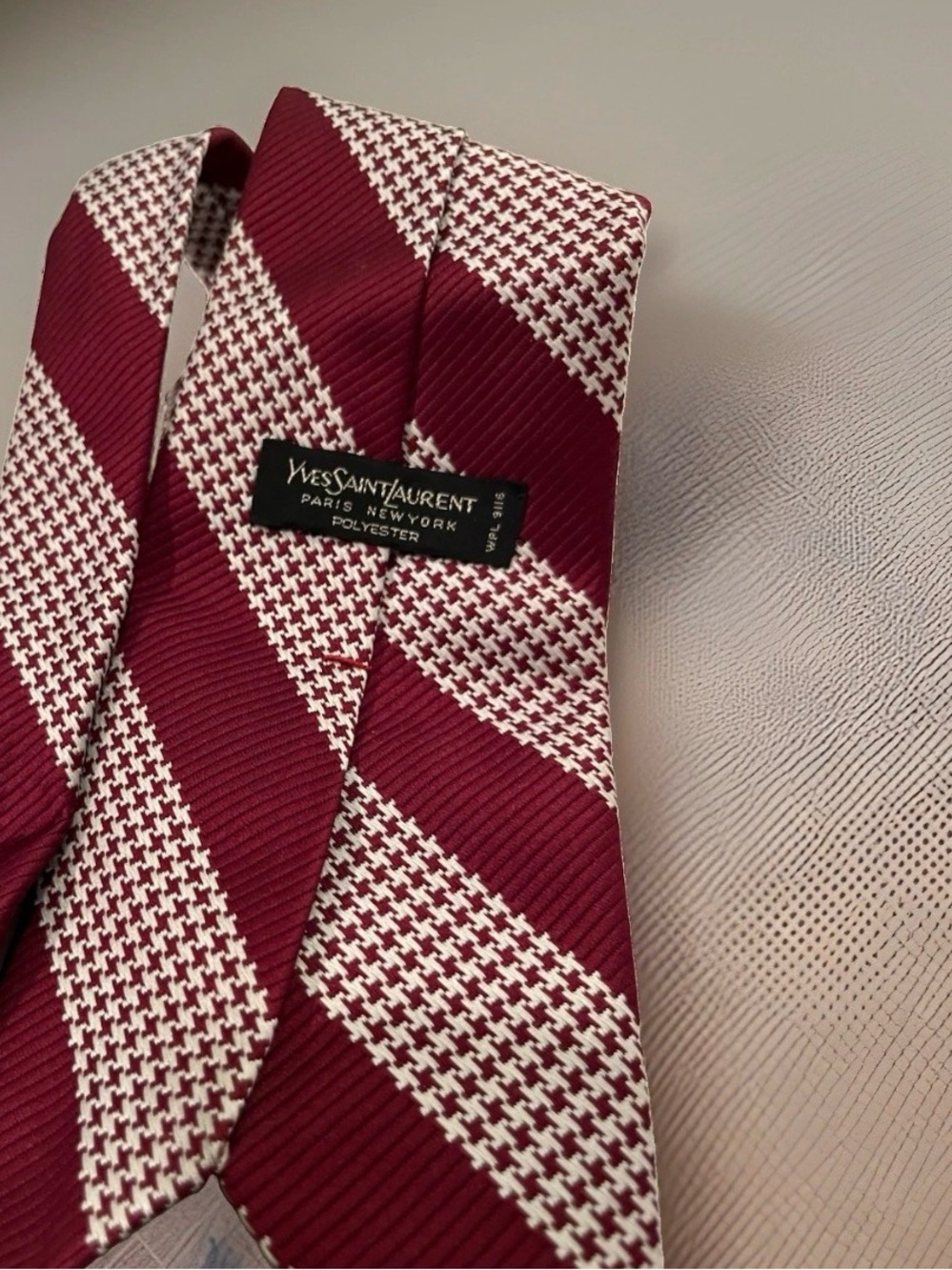 Vintage 1980s Yves Saint Laurent Burgundy and White Houndstooth Stripe Tie
